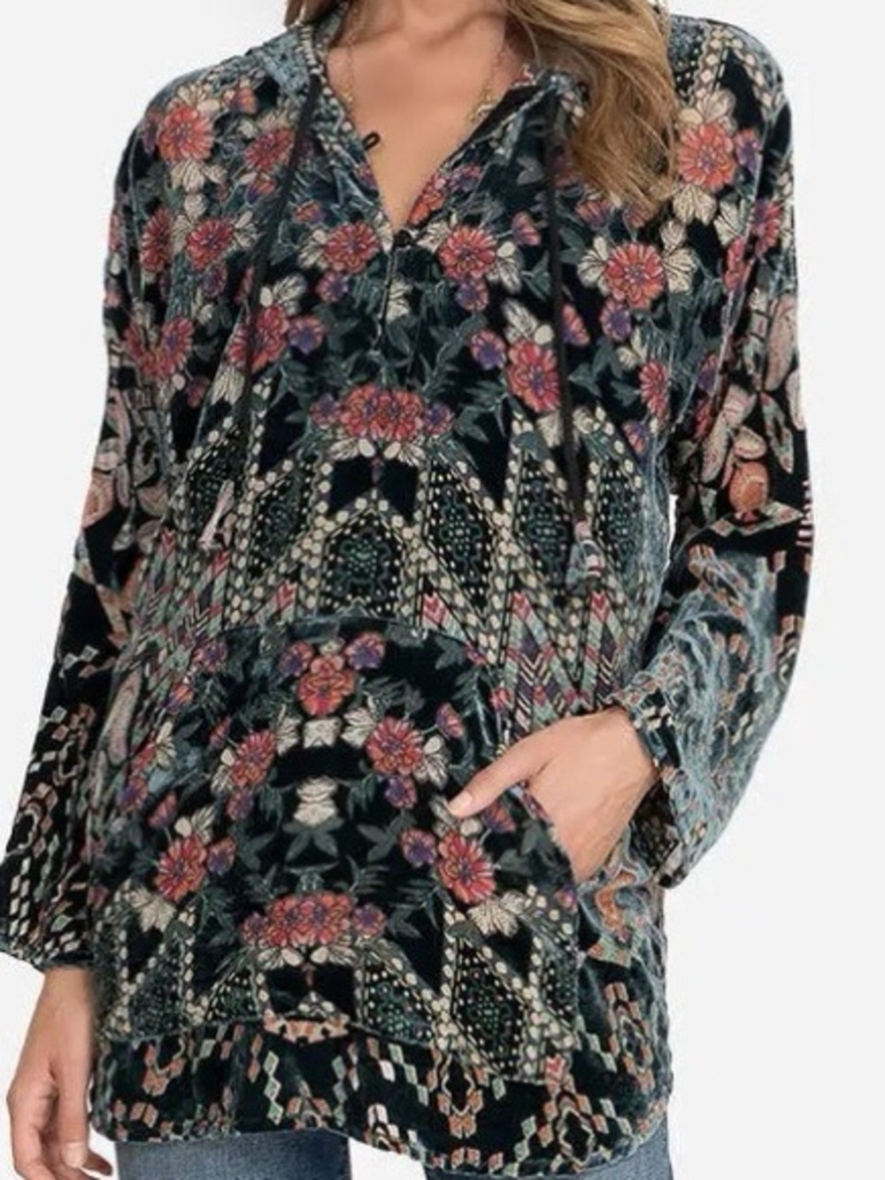 Johnny Was Marami Burnout Velvet Silk Hoodie Size L
